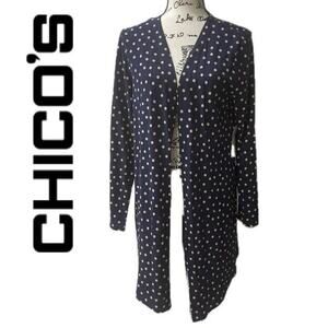 CHICOS POLKA DOT CARDIGAN OPEN FRONT NAVY BLUE PINK PREPPY  SIZE 1 US MEDIUM